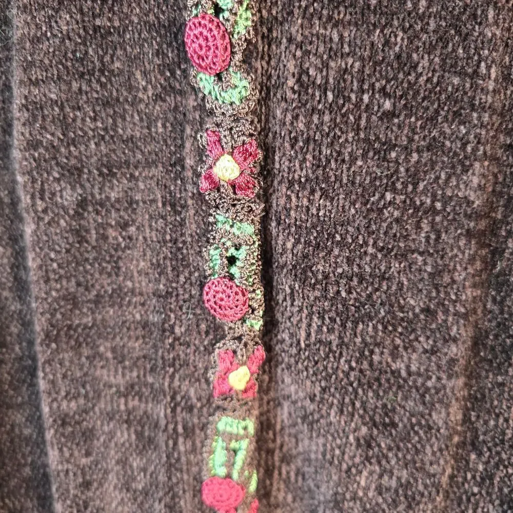 Storybook Knits Sweater Women's 1X Brown Chenille Green Red Floral Crochet